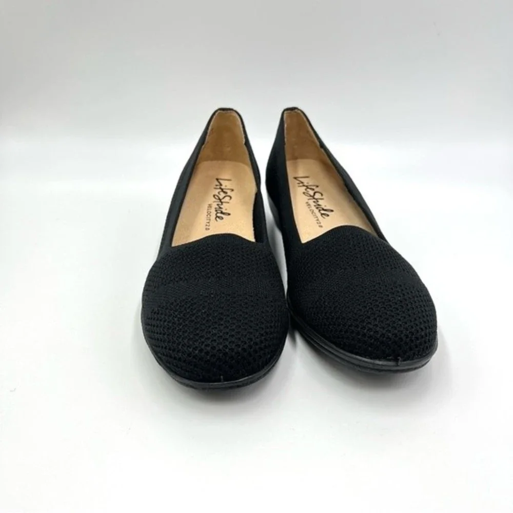NEW LifeStride Womens‎ Size 6.5 Immy Black Knit Slip On Low Wedges Loafers Shoes